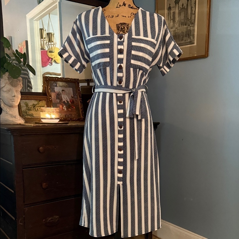 Monteau Navy Blue and White Striped Belted Button Up Dress